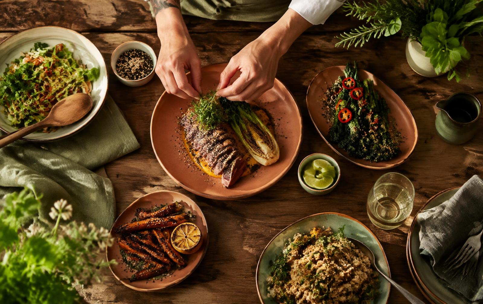 Chef plating dishes on a rustic table